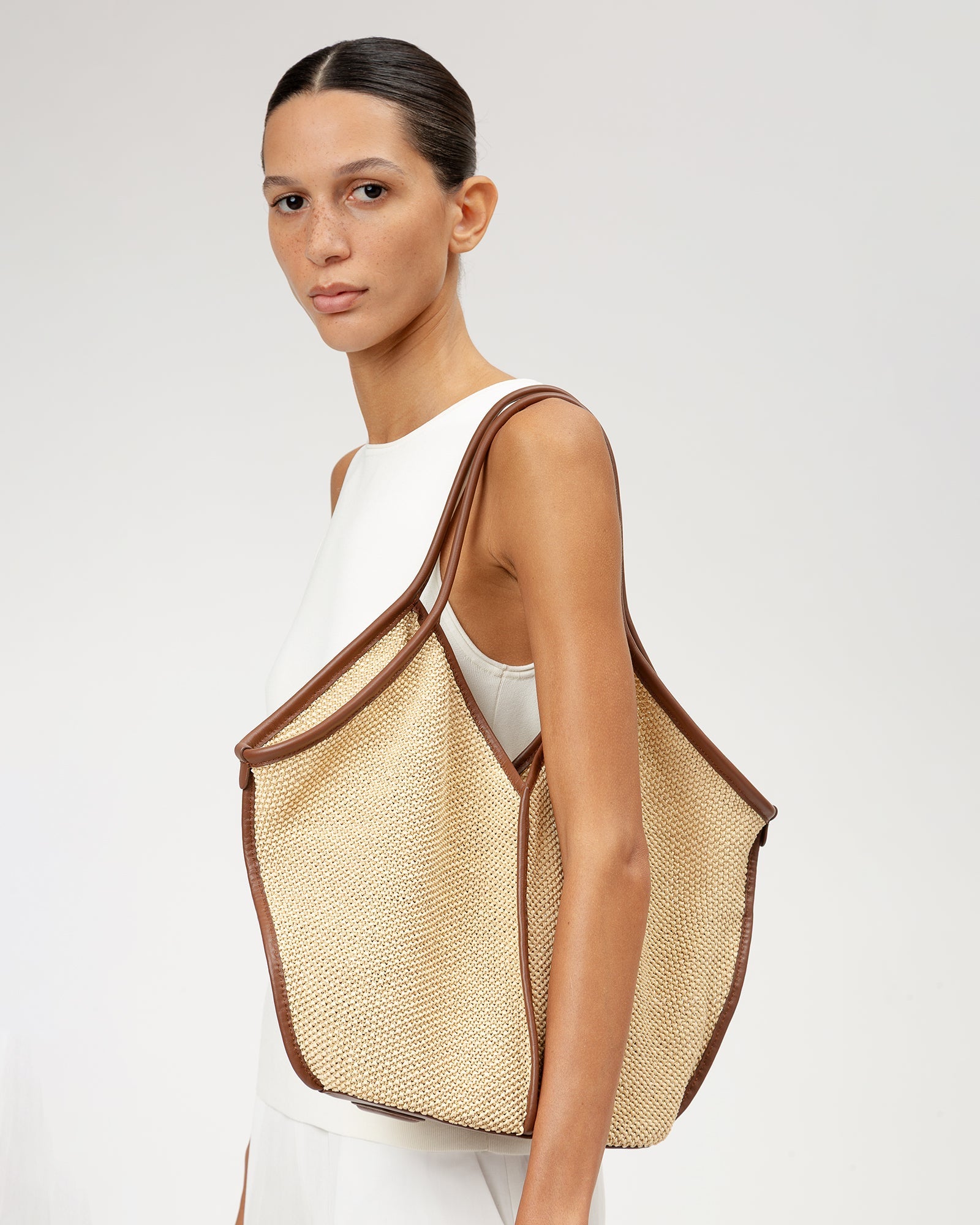 CALELLA SOFT RAFFIA - Leather-trimmed Tote Bag - Hereu for sale